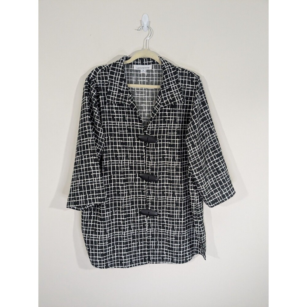 Caroline Rose Large Button Loop Over Shirt Black White Geometric Art to Wear 1X